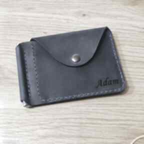 Portfel z klipsem na banknoty grawerem kieszenią monety karty niebieski luniko leather goods