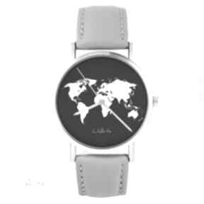 Zegarek - mapa świata szary, skórzany zegarki liliarts, bransoletka - unikatowy