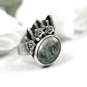 Srebrny w kwiatach a723 artseko pierścionek, ozdobny misterny z turkusem, ze srebra