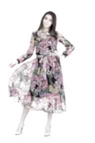Rozkloszowana sukienka w peonie taravio midi, w kwiaty, z szyfonu, zwiewna, z długim