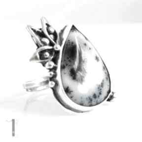 Anemone srebrny pierścień z agatem dendrytowym miechunka pierścionek, agat, regulowany
