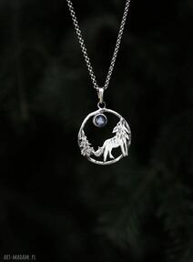 Srebrny naszyjnik z wilczycą i labradorytem dziki królik wilk, biżuteria z wilkiem, srebro