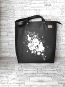 Duża torebka shopper na ramię zamykana - białe kwiaty e vamsti damska handmade, polski produkt