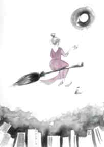 "księżycowe czary" akwarela z dodatkiem piórka artystki adriany laube - obraz A3 art wiedźma