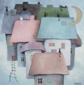 Obraz na płótnie - bajkowe miasteczko format 40 cm paulina lebida domki, koty, bajka, czerwień