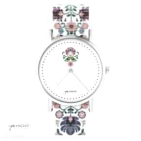 folk biały, zegarki yenoo zegarek, bransoletka, folkowy, kwiat, nato, prezent