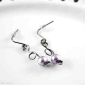 Kolczyki sztyfty - perły szklane: fioletowe na prezent biżuteria z - miedzi