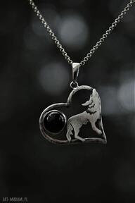 z naszyjniki dziki królik z wilczycą, biżuteria z wilkiem, z onyksem, srebrny