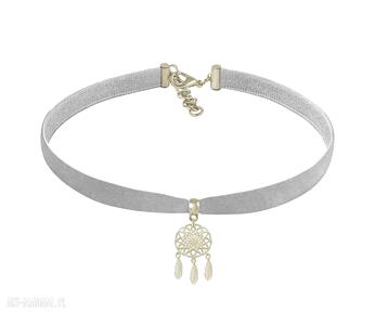 Boho choker grey velvet aksamitka łapacz snów delikatny naszyjnik