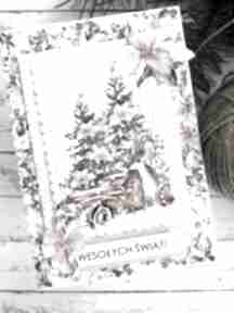 Pomysł na prezent święta. Kartka świąteczna z jelonkiem i choinkami za craftowane ładna