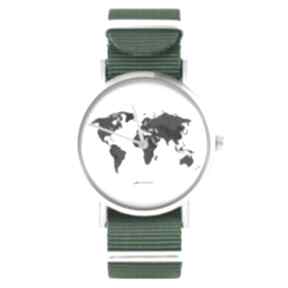 Zegarek - mapa świata, biała zielony, nylonowy zegarki yenoo, pasek, typ militarny - świat