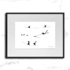 z ramą: czarno biała: ilustracja - ptakami dekoracja do salonu - autorska, grafika