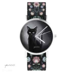 Zegarek - czarny kot, noc folk, nato zegarki yenoo, bransoletka, folkowy, prezent