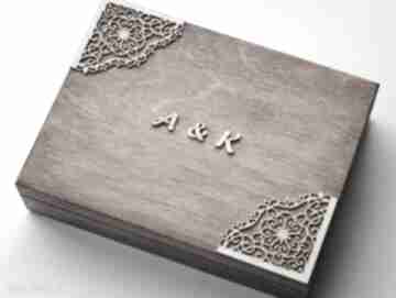Pudełko na obrączki z narożnikami ślub biala konwalia, eko - drewno, rustykalne