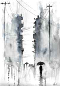 "otuleni deszczem" akwarela z dodatkiem piórka - pejzaż miejski, miasto w deszczu obraz a3