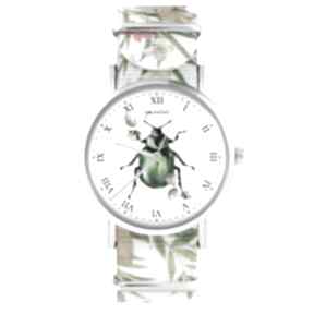 Zegarek - zielony żuczek kwiaty, nylon, biały zegarki yenoo, nylonowy pasek, typ militarny