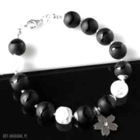 Czarno biała akadi 1 onyks, kwarc, srebro, kwiat, delikatna, elegancka