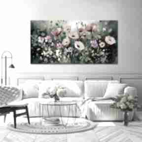 Poziomy obraz do salonu 50x100 cm - zielony z kolorowymi kwiatami łąka kwietna annsayuri art