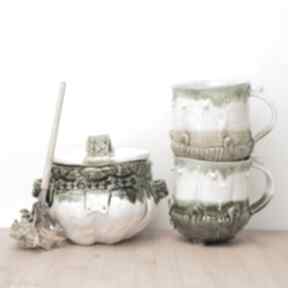 Zielono biały zestaw ceramika malgorzata wosik kubki, kubek, pojemnik, naczynia