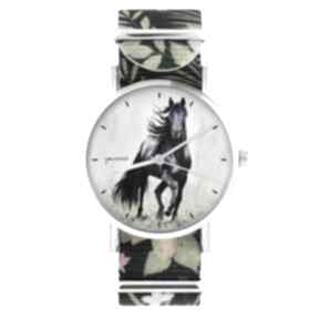 Zegarek - czarny koń 2 kwiaty, nylonowy zegarki liliarts, pasek, tropikalny, koń, dla niej