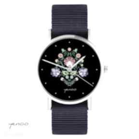 yenoo folkowy, czarny granatowy, zegarki zegarek, bransoletka, kwiaty, nato, prezent