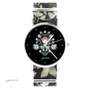 folkowy, czarny kwiaty, zegarki yenoo zegarek, bransoletka, nato, liście, prezent
