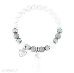 Tassel white mint grey jadeit kryształek serce chwost bransoletka