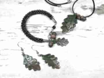 Komplet biżuterii - jesienne liście" kameleon na jesień, kolczyki, wisiorek liść, bransoletka