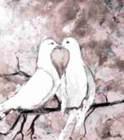 Obraz ręcznie malowany na płótnie, walentynki ewa mościszko ptaki, gołębie, przyroda, miłość