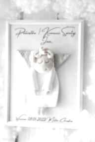 Biały anioł pamiątka komunii dla chłopca dziecka angel style w ramce, figurka anioła, z masy