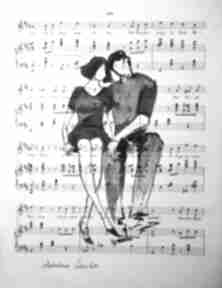 "miłość jest muzyką" akwarela na papierze nutowym artystki adriany laube - zakochani art, para