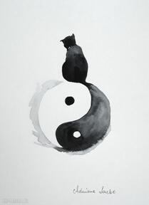 "koci ogon" akwarela artystki laube - chiński symbol yin i dekoracje adriana art kot, obraz