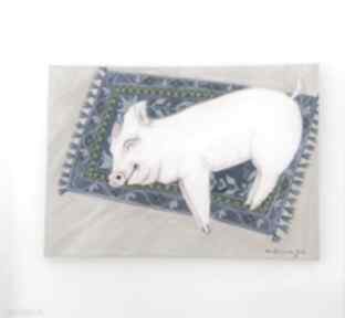 Szczęśliwa na dywanie oryginał obraz misty art studio świnka, szczęście, prosiaczek, akrylowy
