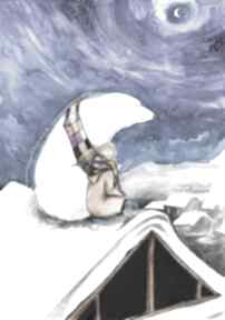"ciepły szalik" akwarela artystki laube - obraz na papierze A3, bajkowa dekoracje adriana art