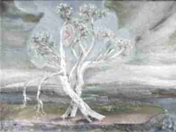 Natura słuchająca elisabeth z uchem, pejzaż jesienny, ascetyczny wymowny, białe drzewa, obraz