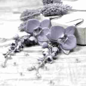 lawendowe - kameleon długie kolczyki, eleganckie orchidee, kwiaty, na wesele