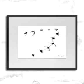 Grafika z ramą - nr 26 maja gajewska czarno biała, z ptakami, do salonu, dekoracja oryginalna