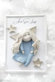 Niebieski anioł z gwiazdkami ceramika angel style w ramce, stróż, prezent na urodziny