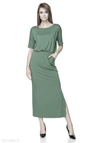 ściągnięta f101, zielony tessita sukienka, maxi, wygodna, kieszenie, rozcięcie