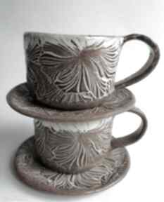 Dwa komplety "kwiatowo - karmelowo" ceramika eva art rękodzieło, filiżanka do kawy, z gliny
