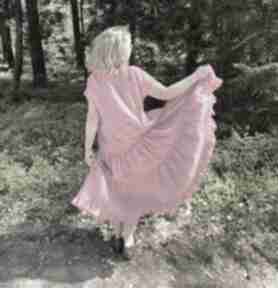 Różowa sukienka lniana z falbanami 100% len aga, na lato, oversize, długa, lnu