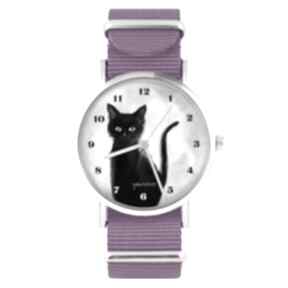 Zegarek - czarny kot, cyfry amarant, nylonowy zegarki yenoo, pasek, dla kociary, niej, prezent