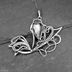 Papilon srebrny naszyjnik z labradorytem miechunka pierścionek, wire wrapping, metaloplastyka