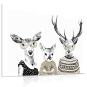 Nowoczesny obraz drukowany na płótnie - 120x80 cm rodzina jeleni w zółtych sweterkach 02459