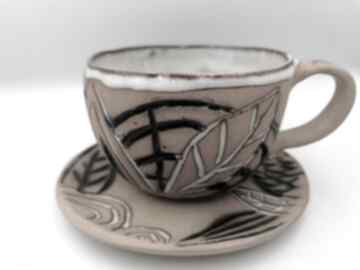 Komplet "liście w rudości" 1 ceramika eva art rękodzieło, filiżanka z gliny, do kawy, użytkowa