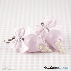 Kolczyki - różowe lody z kokardką w kratke handmadesweets, rękodzieło, modelina