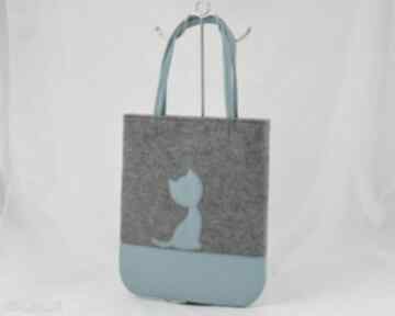 Duża szara torebka z filcu - niebieskim kotkiem A4 na ramię green sheep filc, filcowa, kot
