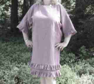 Purpurowa z falbankami 100% len sukienki aga lniana, na lato, oversize, falbanami, lnu, boho