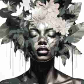 Obraz czarnoskóra kobieta z roślinami i kwiatami we włosach - wydruk na płótnie 50x50 cm