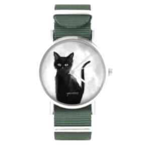 Zegarek - czarny kot zielony, nylonowy zegarki yenoo zegarek